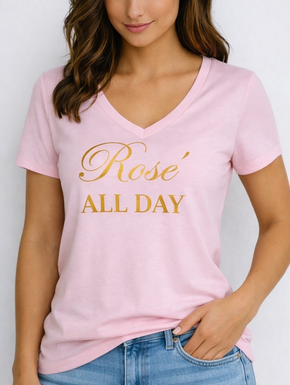 Rosé All Day Pink V‑Neck Graphic Tee — Size L — Soft Cotton, Gold Lettering